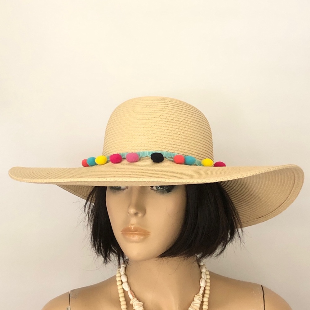 Natural Straw Sun Hat turquoise multi colored pom pom big brim beach packable